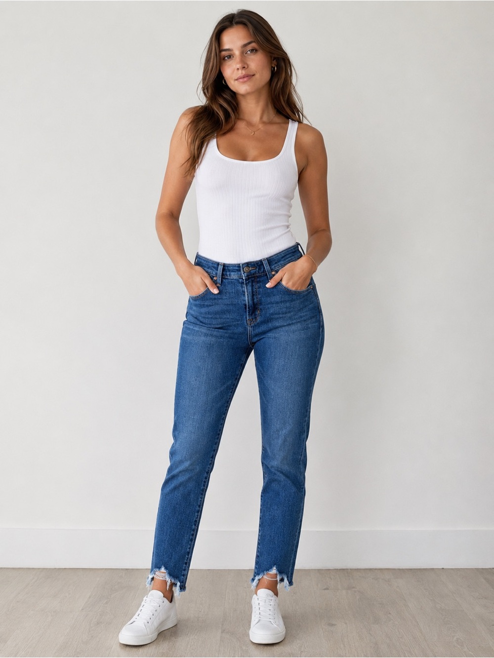 Abercrombie & Fitch Harper Low Rise Ankle Jeans in Classic Blue with Raw Hem